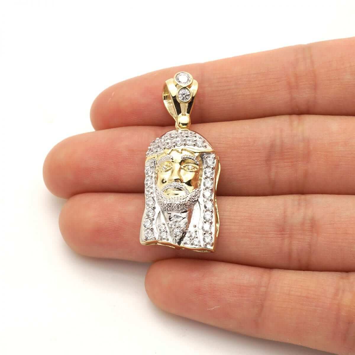 10k Solid Yellow & White Gold CZ Jesus Head Pendant 1.38"
