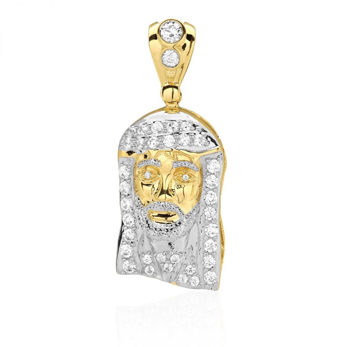 10k Solid Yellow & White Gold CZ Jesus Head Pendant 1.38"