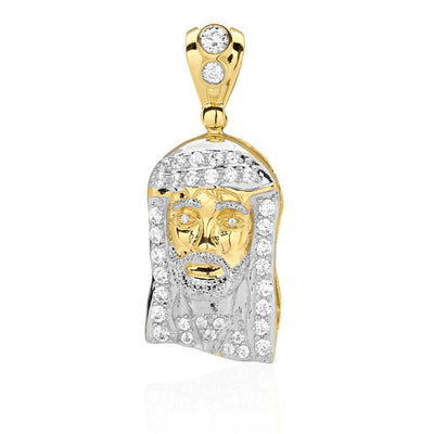 10k Solid Yellow & White Gold CZ Jesus Head Pendant 1.38"