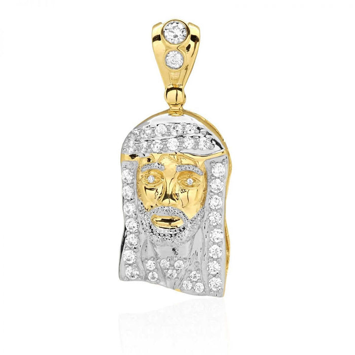 10k Solid Yellow & White Gold CZ Jesus Head Pendant 1.38"