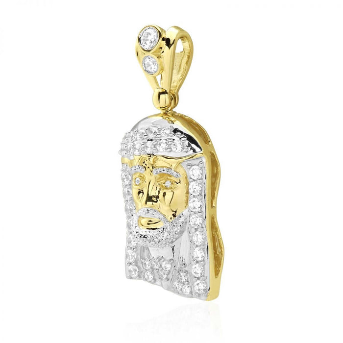 10k Solid Yellow & White Gold CZ Jesus Head Pendant 1.38"