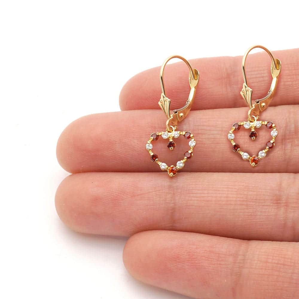 Birthstone & Zircon Open Heart  Drop Leverback Earrings 14k Yellow Gold