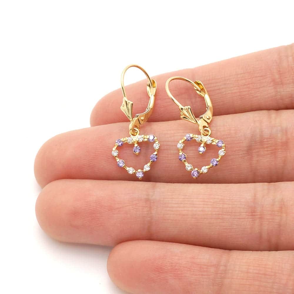 Birthstone & Zircon Open Heart  Drop Leverback Earrings 14k Yellow Gold
