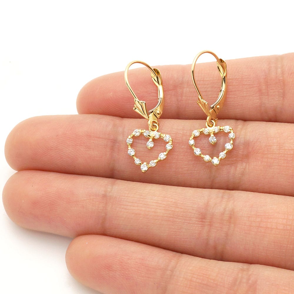 Birthstone & Zircon Open Heart  Drop Leverback Earrings 14k Yellow Gold