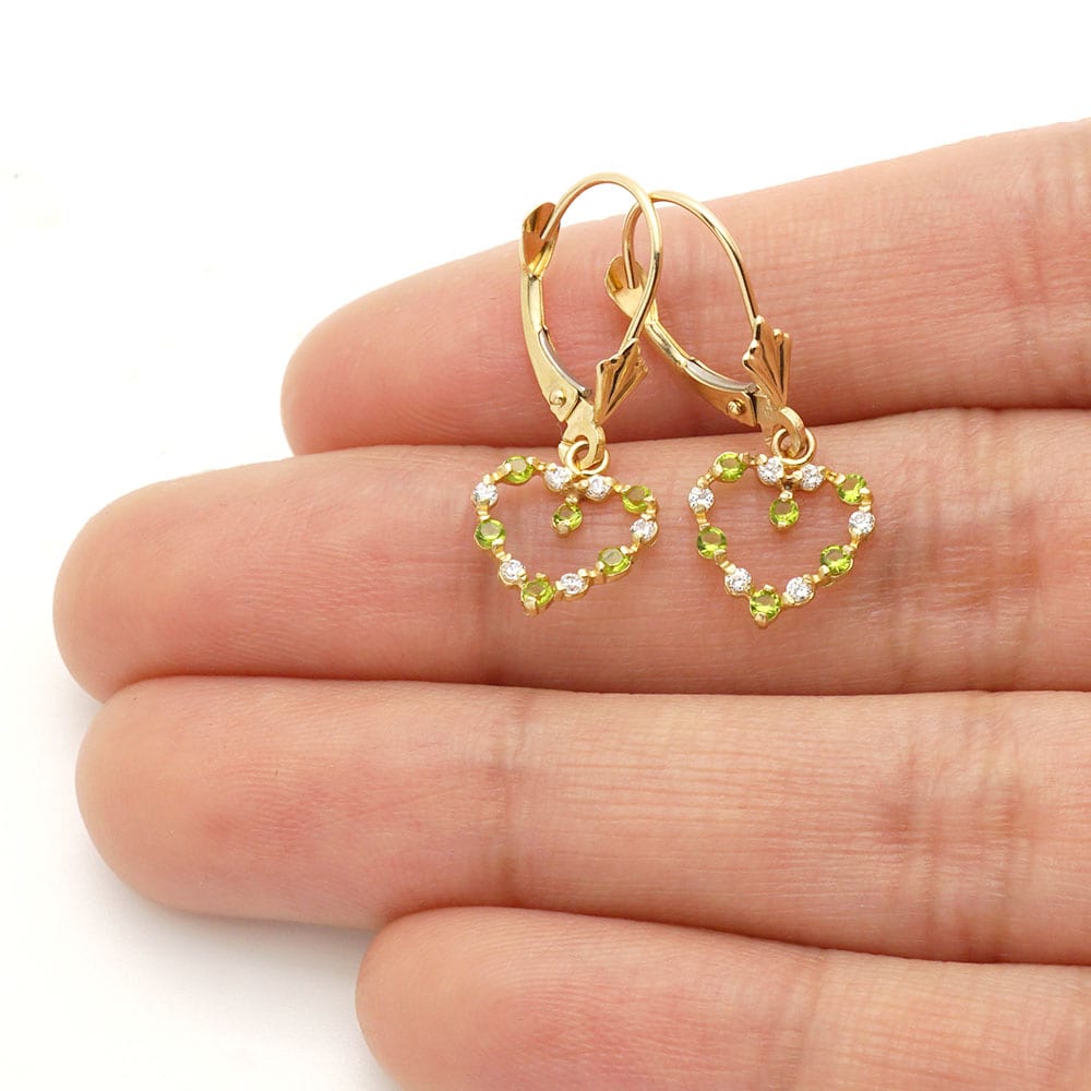 Birthstone & Zircon Open Heart  Drop Leverback Earrings 14k Yellow Gold