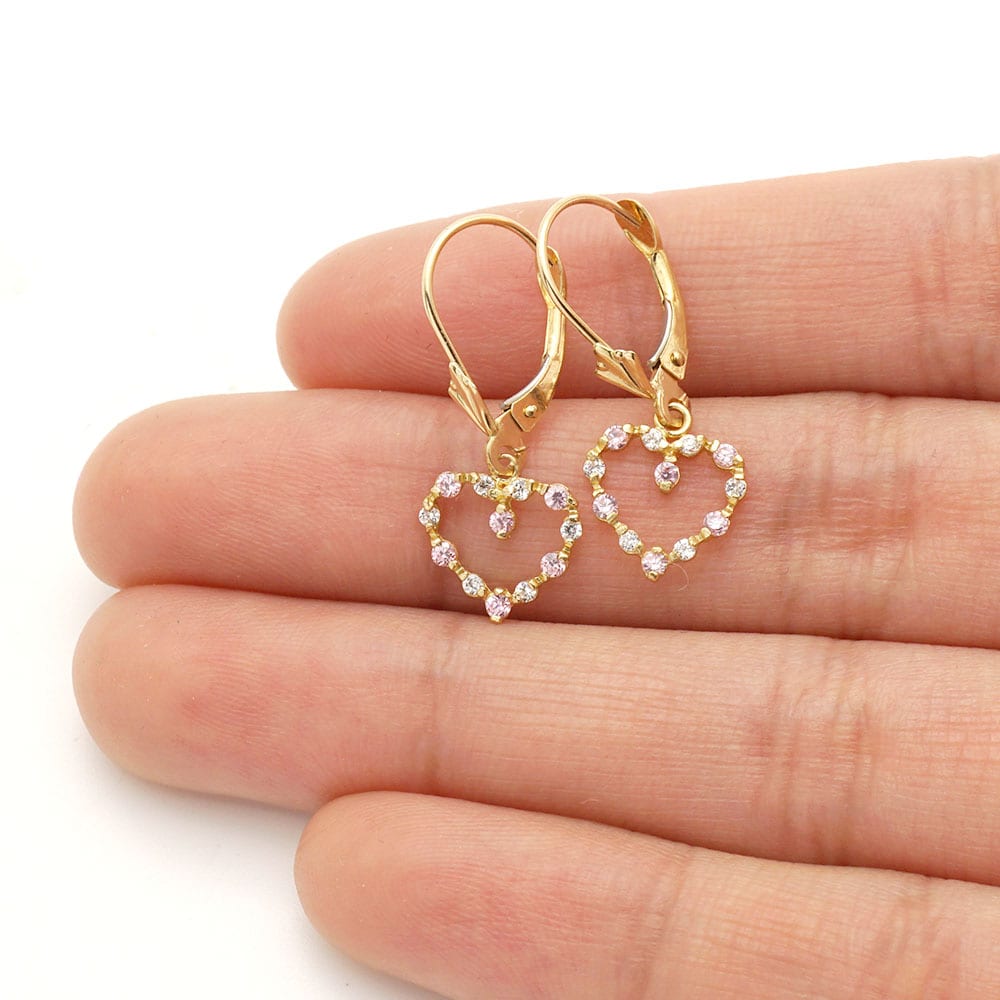 Birthstone & Zircon Open Heart  Drop Leverback Earrings 14k Yellow Gold