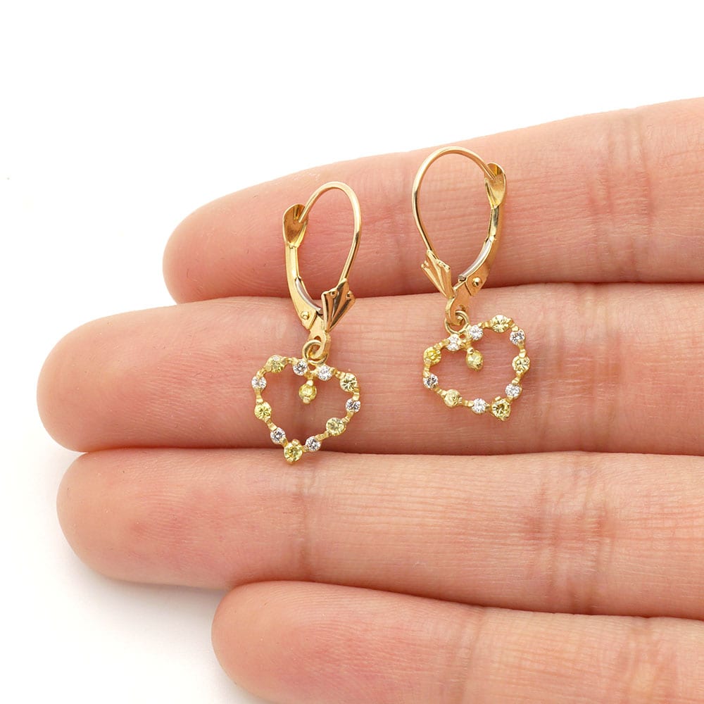 Birthstone & Zircon Open Heart  Drop Leverback Earrings 14k Yellow Gold