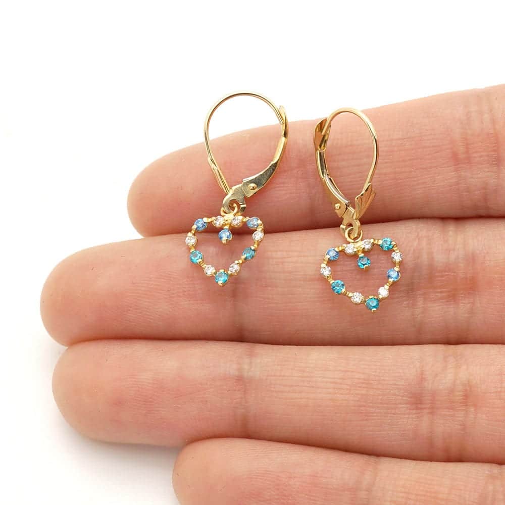 Birthstone & Zircon Open Heart  Drop Leverback Earrings 14k Yellow Gold
