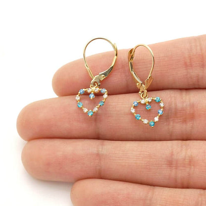 Birthstone & Zircon Open Heart  Drop Leverback Earrings 14k Yellow Gold