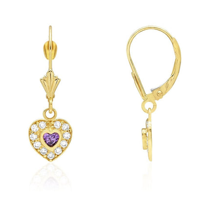 14k Yellow Gold CZ Birthstone Heart  Leverback Earrings