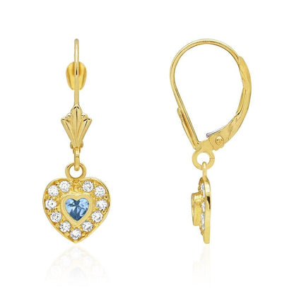 14k Yellow Gold CZ Birthstone Heart  Leverback Earrings