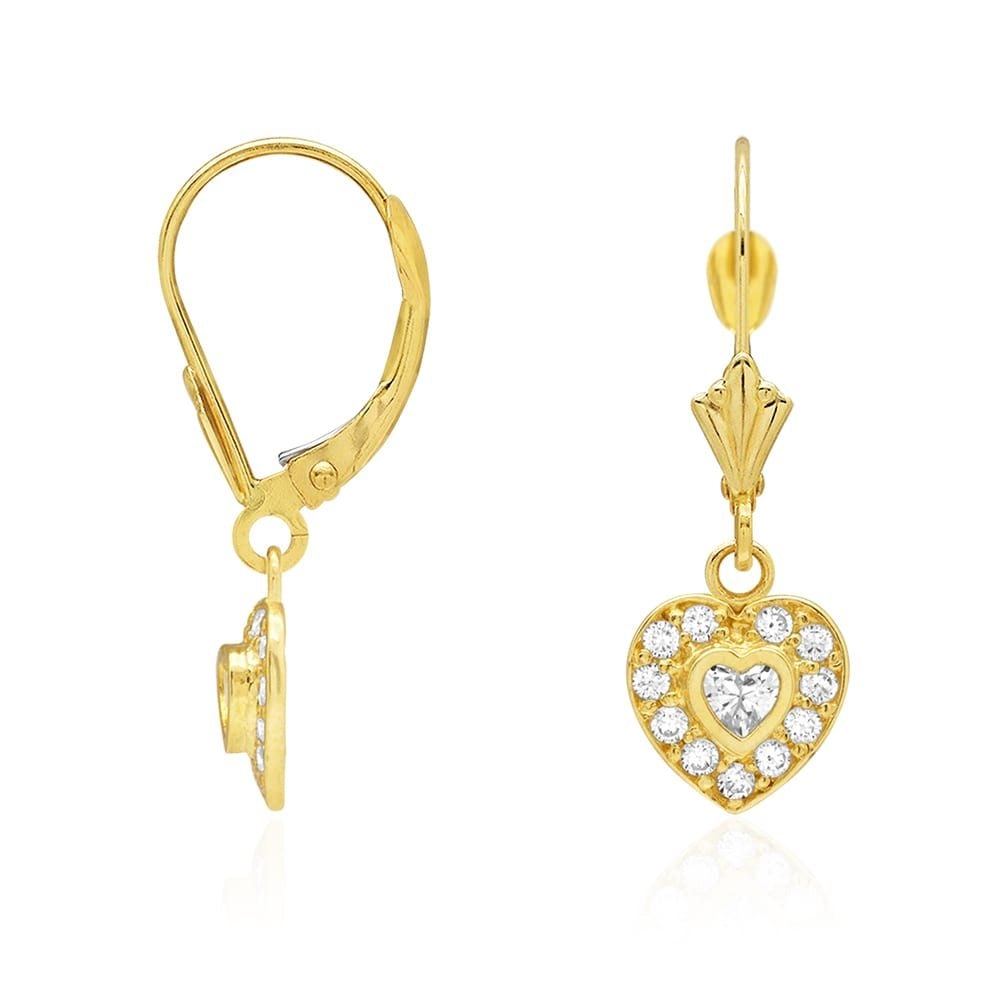 14k Yellow Gold CZ Birthstone Heart  Leverback Earrings