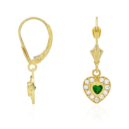 14k Yellow Gold CZ Birthstone Heart  Leverback Earrings