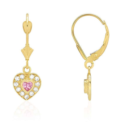 14k Yellow Gold CZ Birthstone Heart  Leverback Earrings