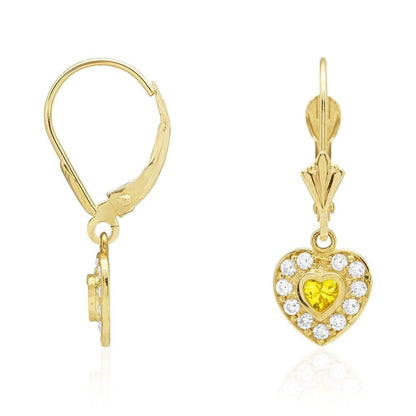 14k Yellow Gold CZ Birthstone Heart  Leverback Earrings