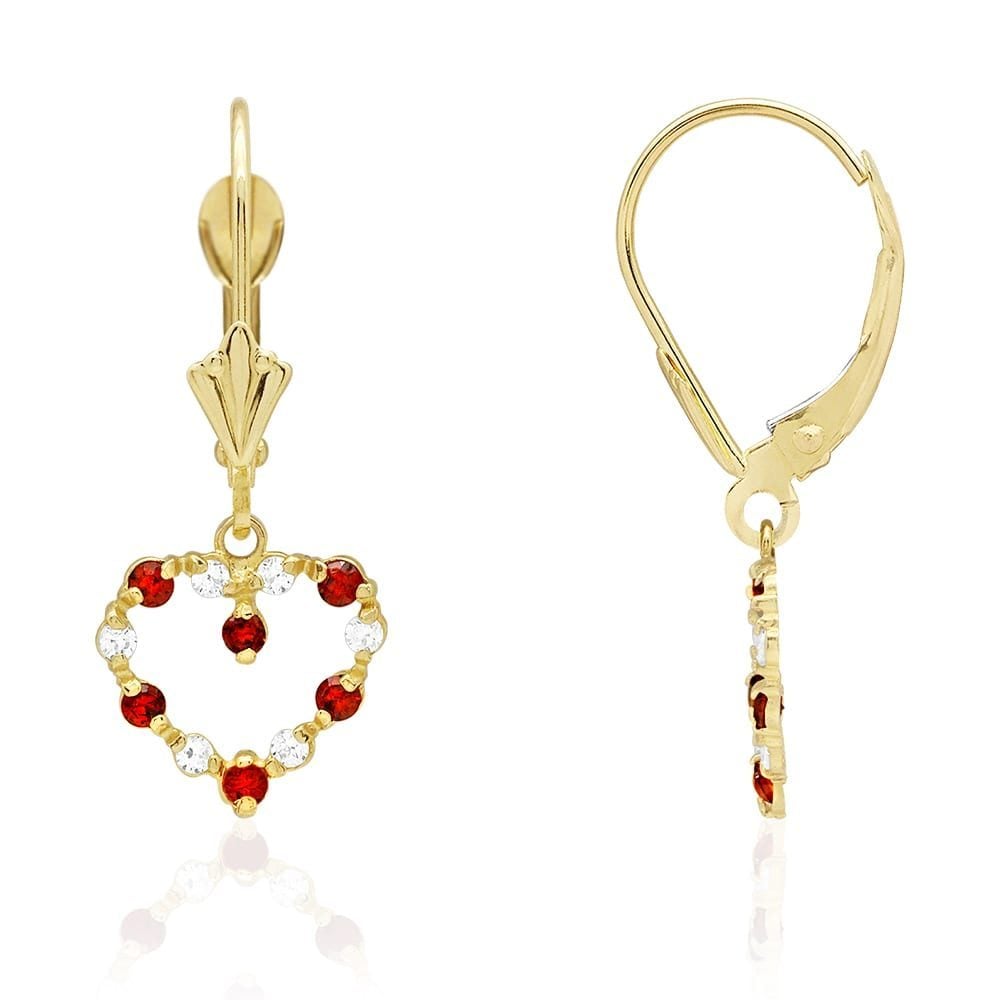 Birthstone & Zircon Open Heart  Drop Leverback Earrings 14k Yellow Gold