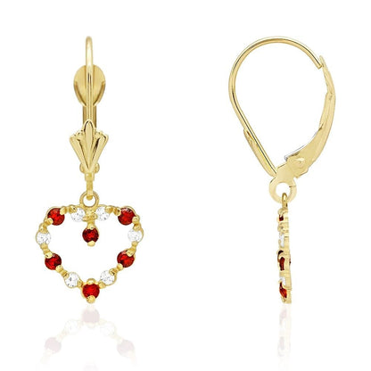 Birthstone & Zircon Open Heart  Drop Leverback Earrings 14k Yellow Gold