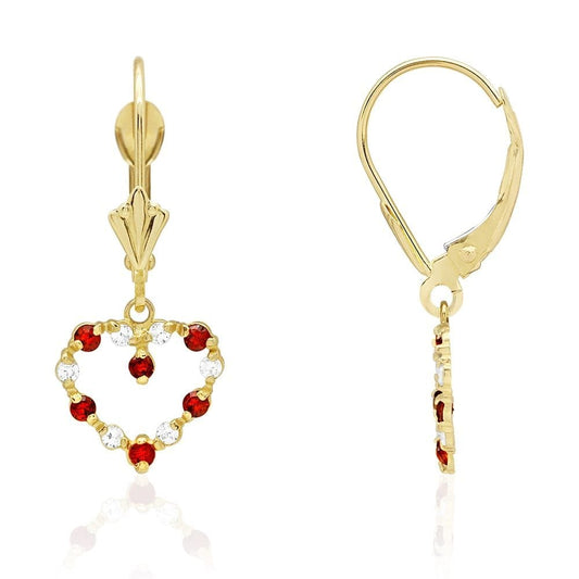Birthstone & Zircon Open Heart  Drop Leverback Earrings 14k Yellow Gold