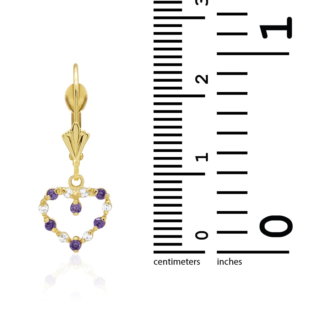 Birthstone & Zircon Open Heart  Drop Leverback Earrings 14k Yellow Gold