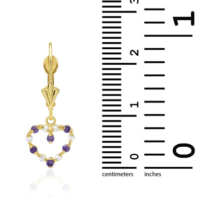 Birthstone & Zircon Open Heart  Drop Leverback Earrings 14k Yellow Gold
