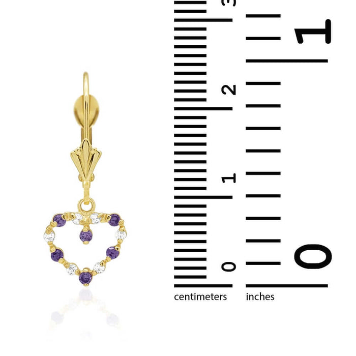 Birthstone & Zircon Open Heart Drop Leverback Earrings 14k Yellow Gold