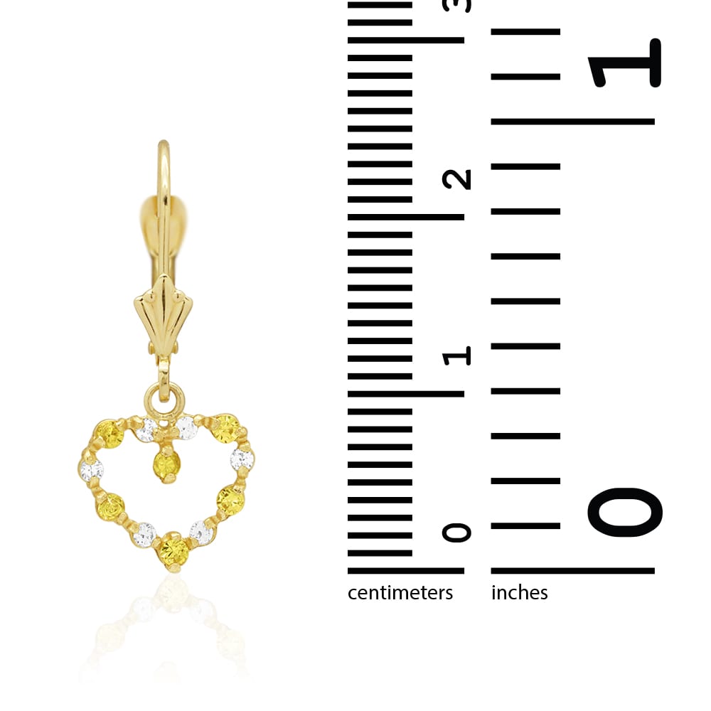Birthstone & Zircon Open Heart  Drop Leverback Earrings 14k Yellow Gold