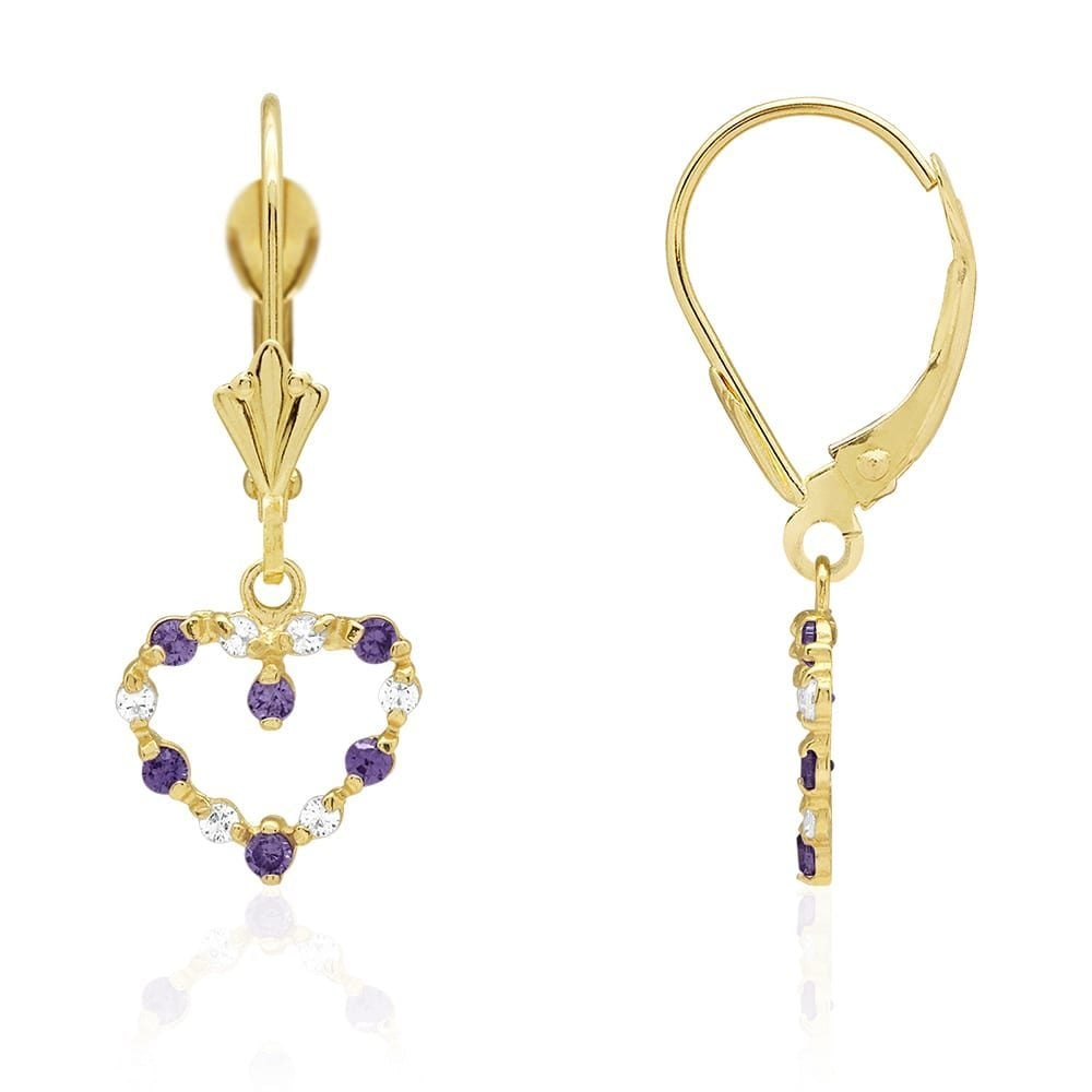 Birthstone & Zircon Open Heart  Drop Leverback Earrings 14k Yellow Gold