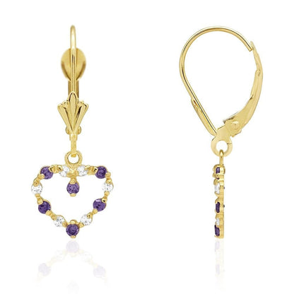Birthstone & Zircon Open Heart  Drop Leverback Earrings 14k Yellow Gold