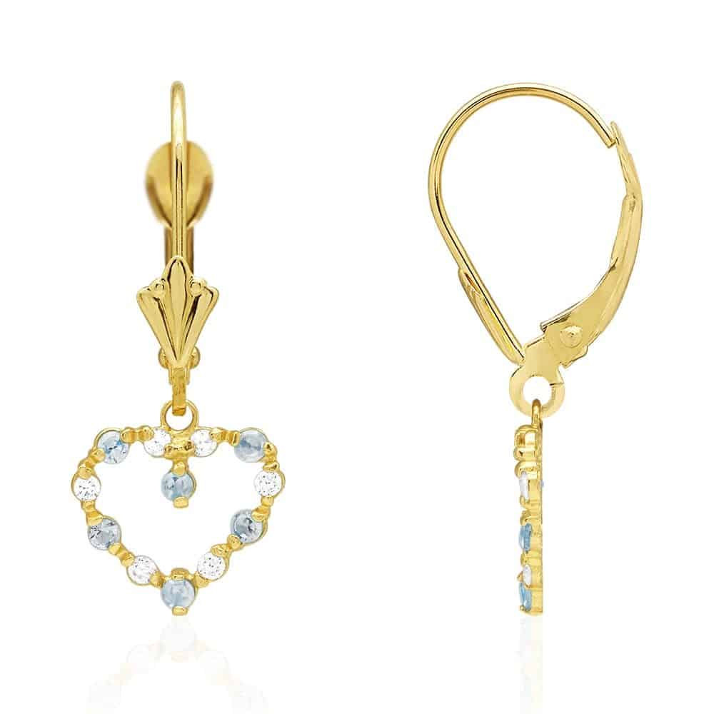 Birthstone & Zircon Open Heart  Drop Leverback Earrings 14k Yellow Gold