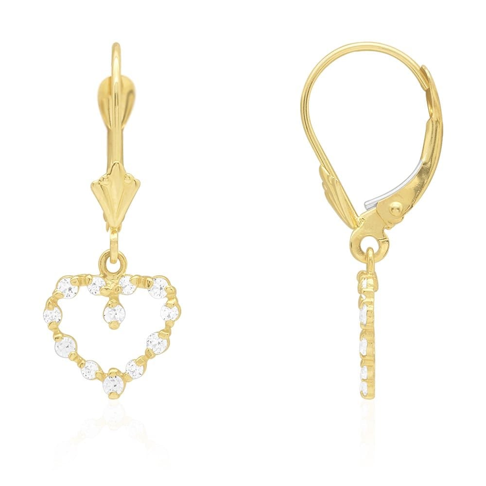 Birthstone & Zircon Open Heart  Drop Leverback Earrings 14k Yellow Gold