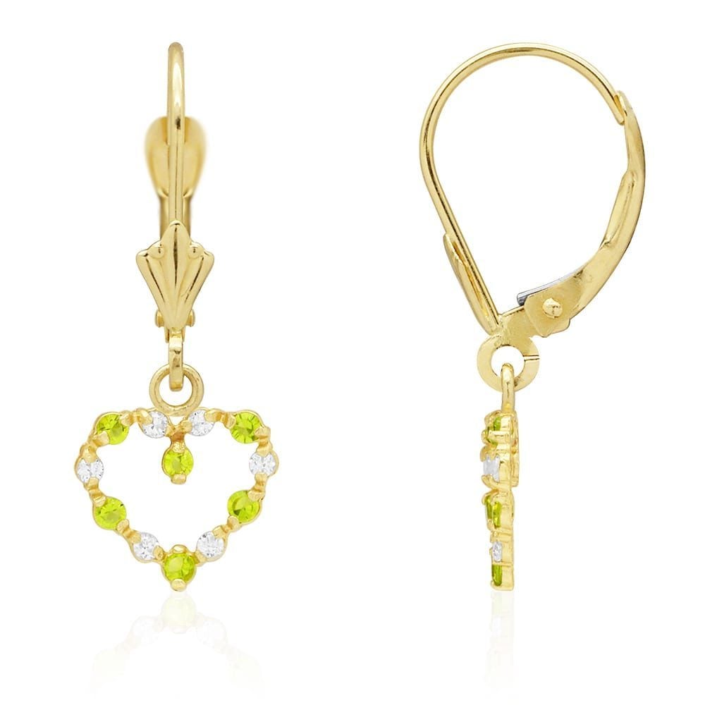 Birthstone & Zircon Open Heart  Drop Leverback Earrings 14k Yellow Gold