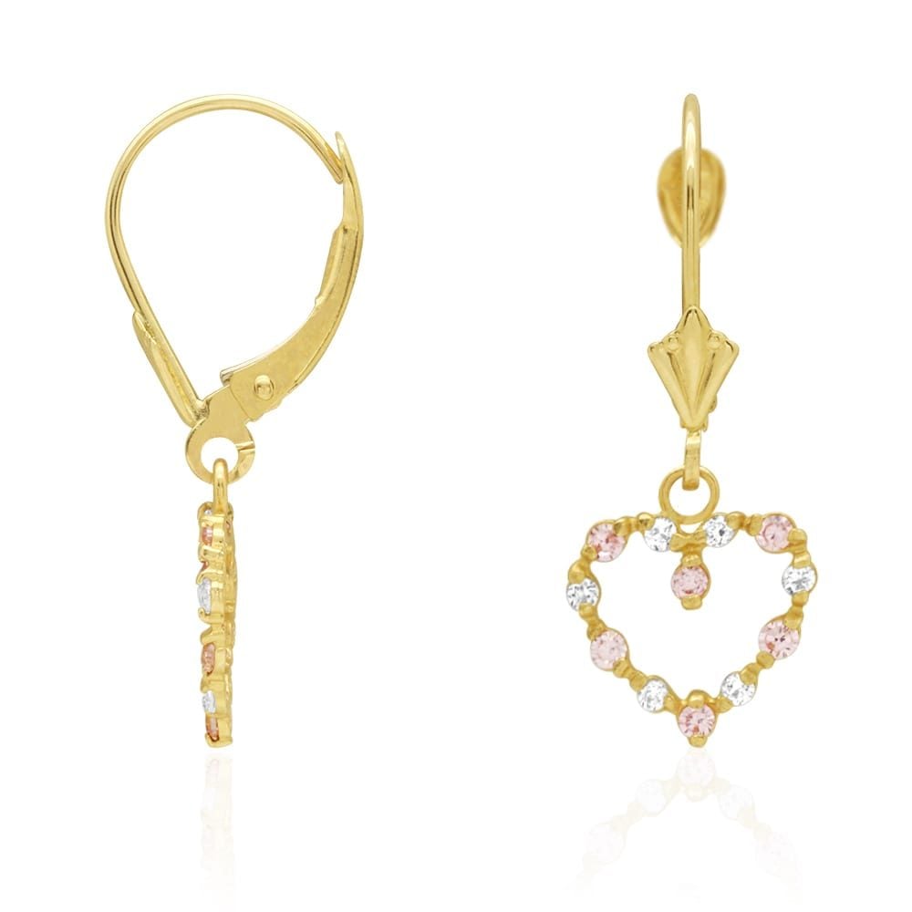 Birthstone & Zircon Open Heart  Drop Leverback Earrings 14k Yellow Gold