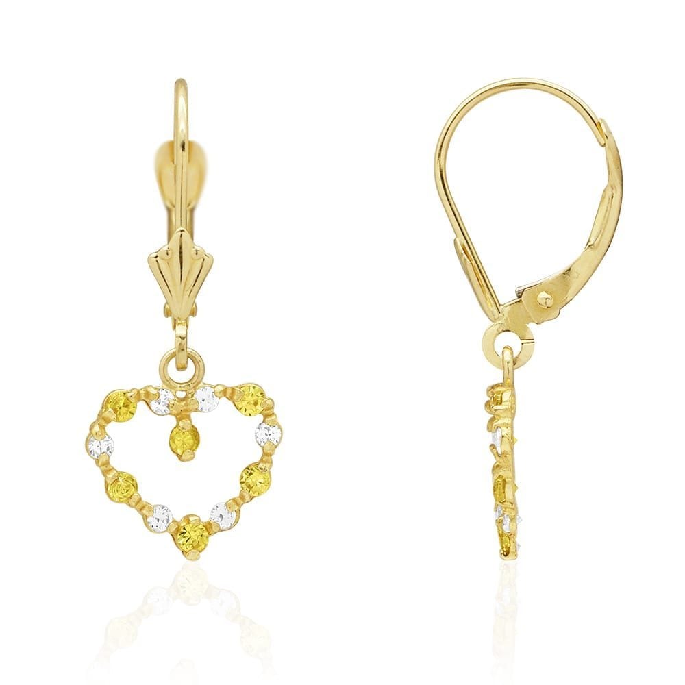 Birthstone & Zircon Open Heart  Drop Leverback Earrings 14k Yellow Gold