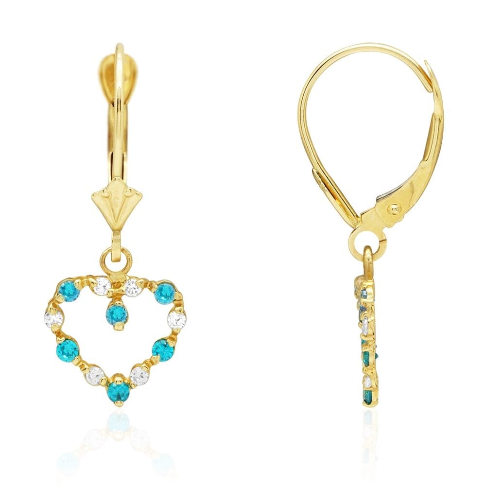 Birthstone & Zircon Open Heart  Drop Leverback Earrings 14k Yellow Gold