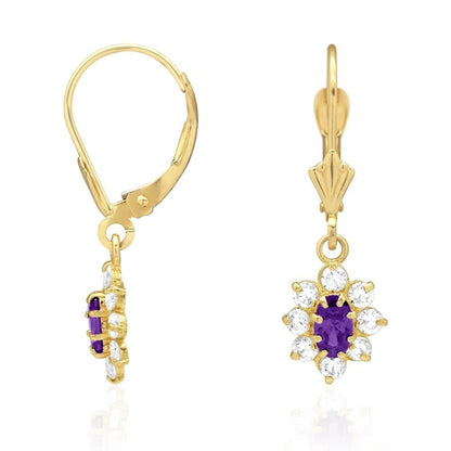 14k Yellow Gold Oval Shaped CZ Halo  Leverback Earrings