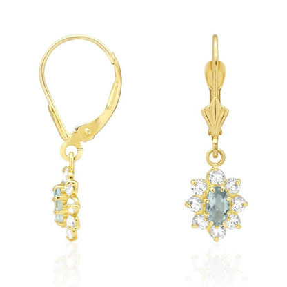 14k Yellow Gold Oval Shaped CZ Halo  Leverback Earrings