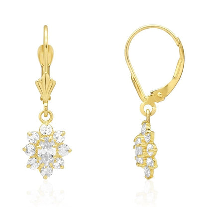 14k Yellow Gold Oval Shaped CZ Halo  Leverback Earrings