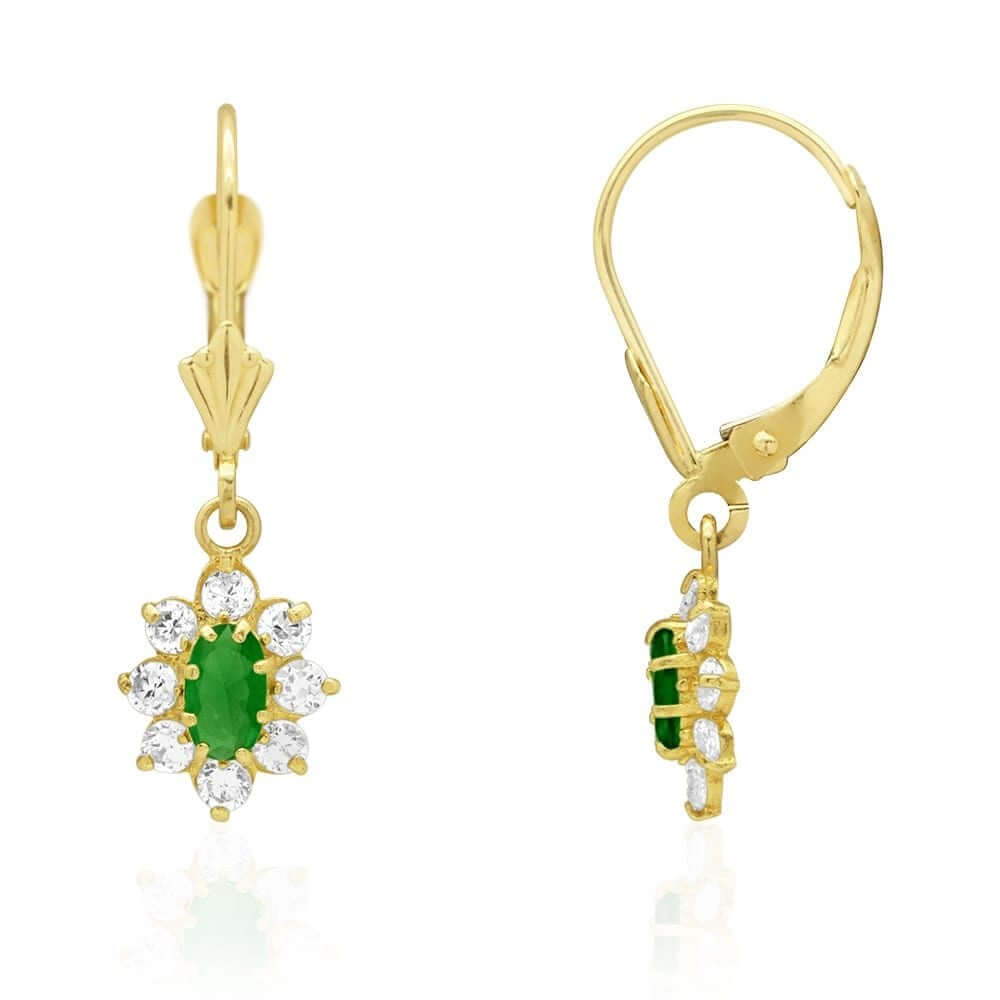14k Yellow Gold Oval Shaped CZ Halo Leverback Earrings