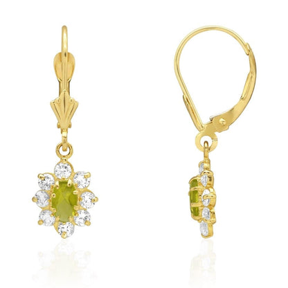 14k Yellow Gold Oval Shaped CZ Halo  Leverback Earrings