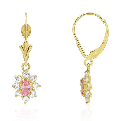14k Yellow Gold Oval Shaped CZ Halo  Leverback Earrings