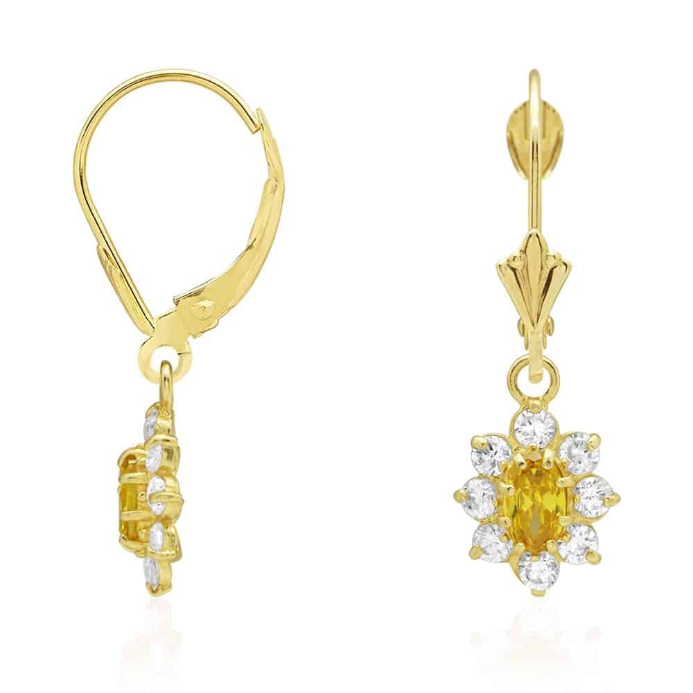 14k Yellow Gold Oval Shaped CZ Halo Leverback Earrings
