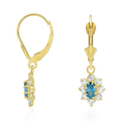 14k Yellow Gold Oval Shaped CZ Halo  Leverback Earrings