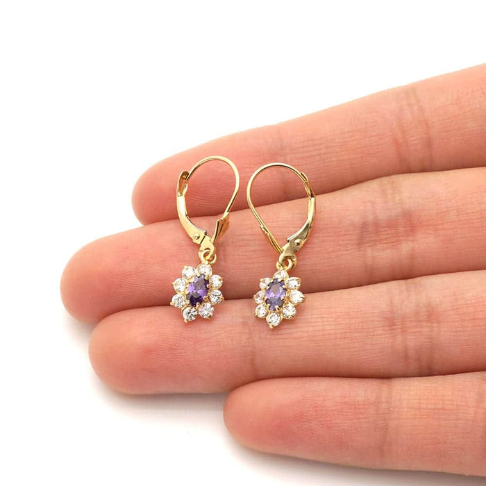 14k Yellow Gold Oval Shaped CZ Halo Leverback Earrings