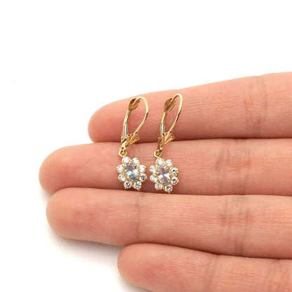 14k Yellow Gold Oval Shaped CZ Halo  Leverback Earrings