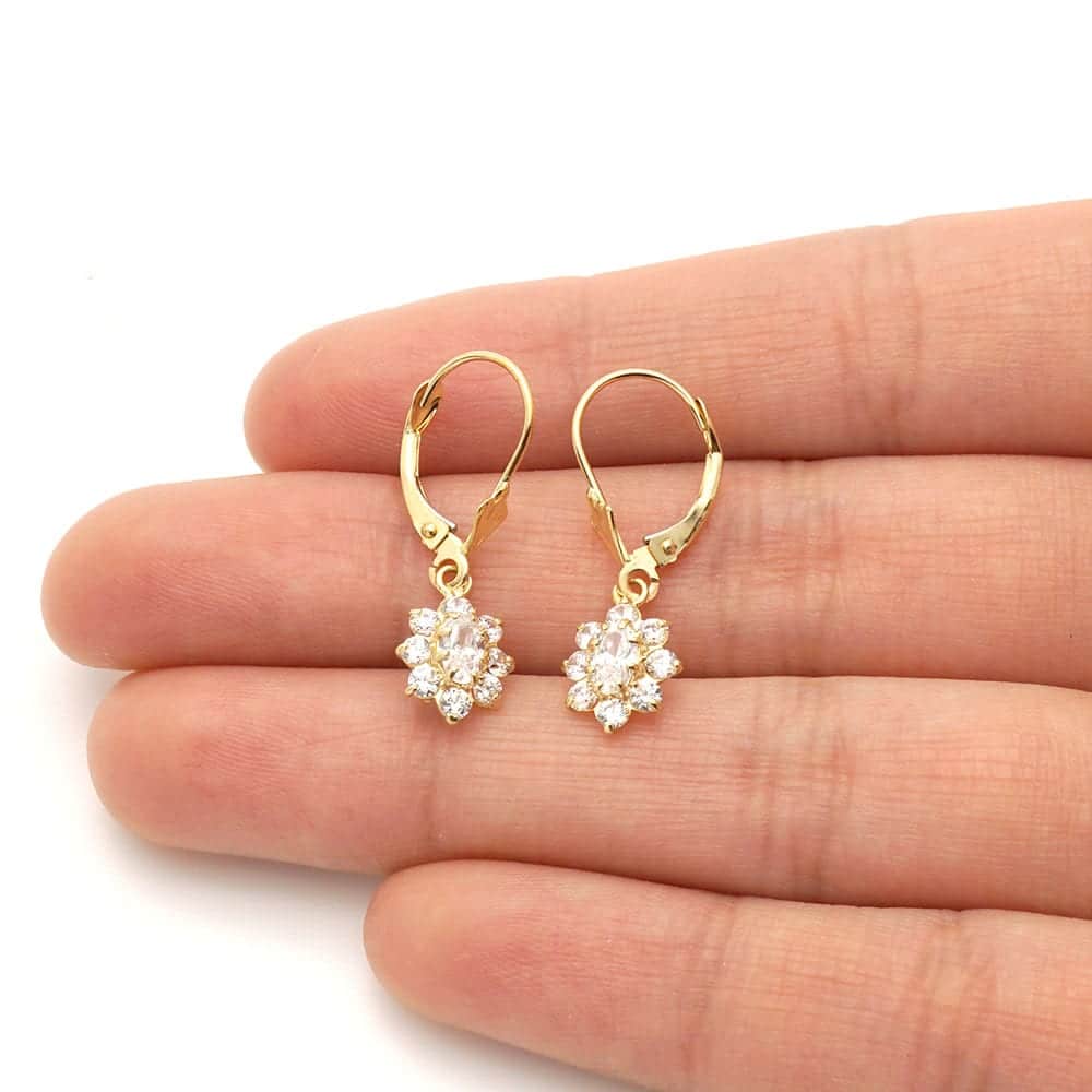 14k Yellow Gold Oval Shaped CZ Halo Leverback Earrings