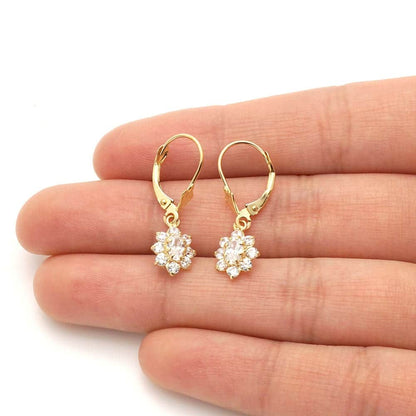 14k Yellow Gold Oval Shaped CZ Halo  Leverback Earrings