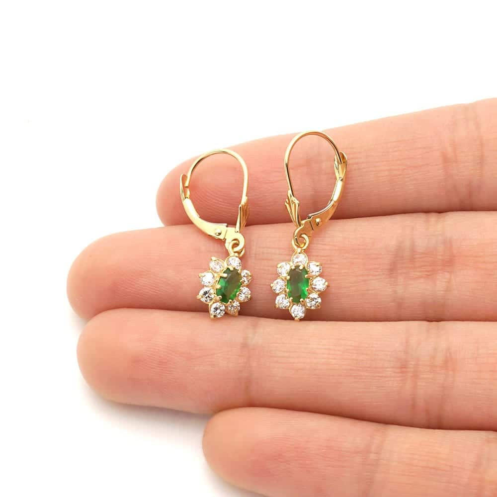 14k Yellow Gold Oval Shaped CZ Halo Leverback Earrings