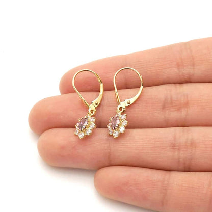 14k Yellow Gold Oval Shaped CZ Halo  Leverback Earrings