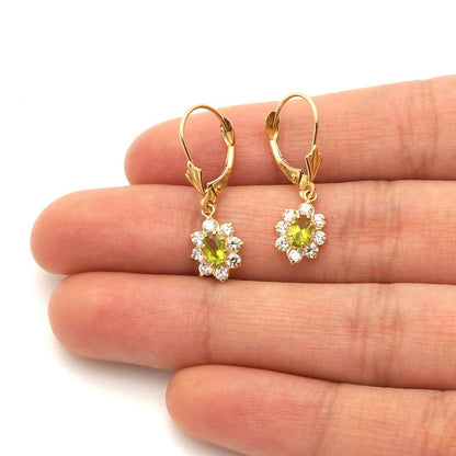 14k Yellow Gold Oval Shaped CZ Halo  Leverback Earrings