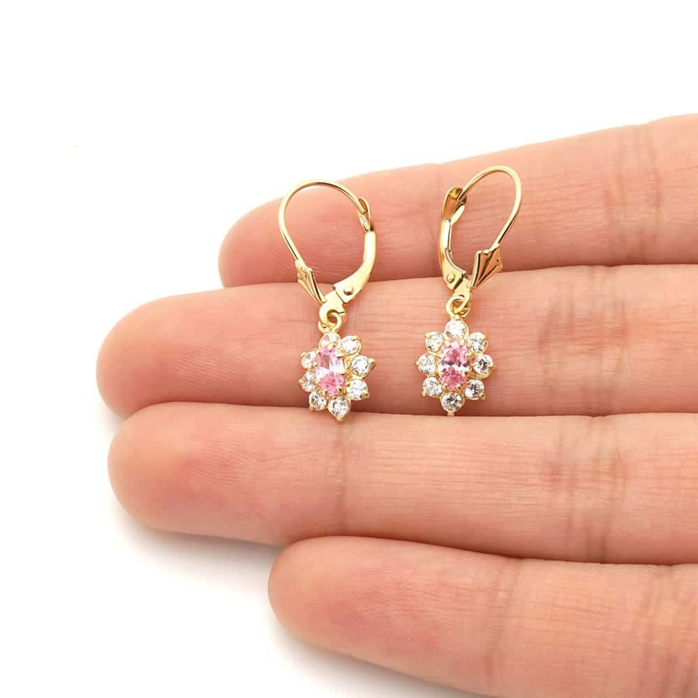 14k Yellow Gold Oval Shaped CZ Halo Leverback Earrings